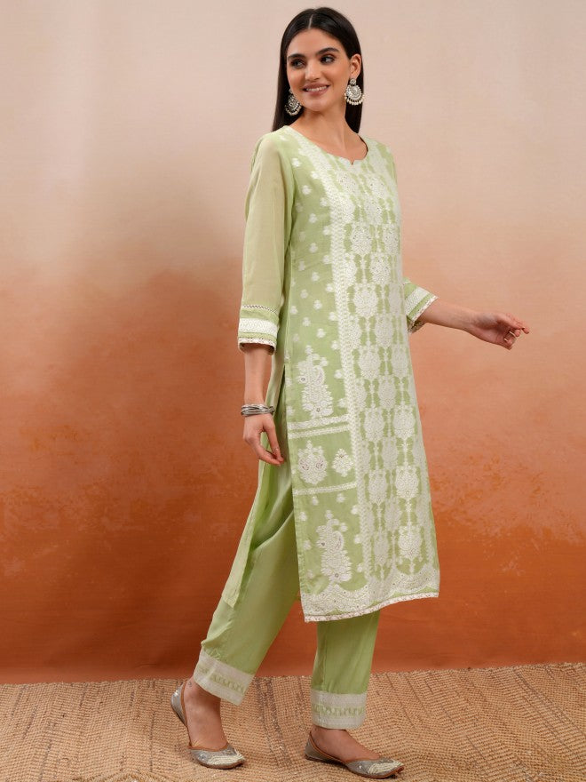 Vishudh Women Green Embroidered Kurta With Trouser And Dupatta - Green - Image 6