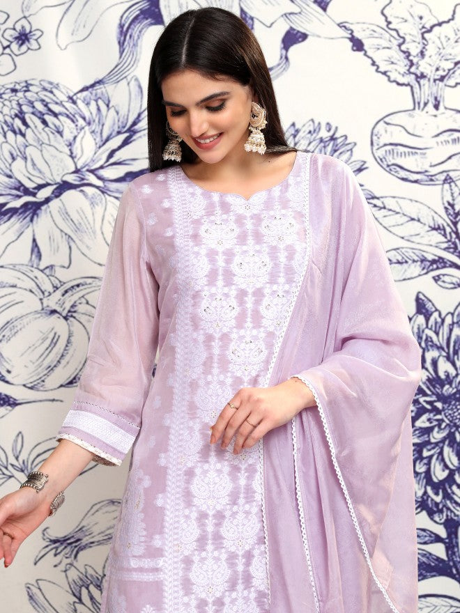 Vishudh Women Violet Embroidered Kurta With Trouser And Dupatta - Violet - Image 1