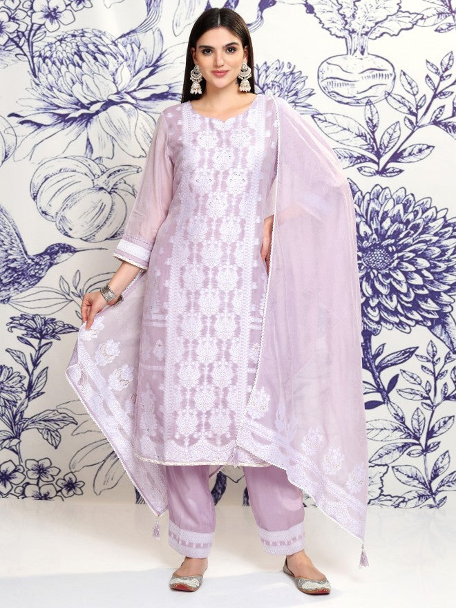 Vishudh Women Violet Embroidered Kurta With Trouser And Dupatta - Violet - Image 2