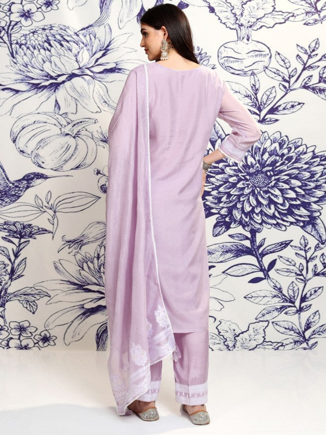 Vishudh Women Violet Embroidered Kurta With Trouser And Dupatta - Violet - Image 3