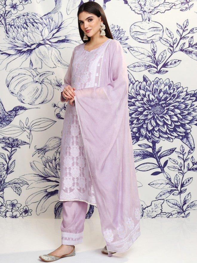 Vishudh Women Violet Embroidered Kurta With Trouser And Dupatta - Violet - Image 4