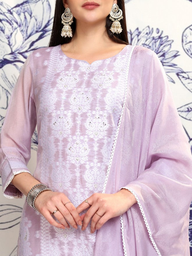 Vishudh Women Violet Embroidered Kurta With Trouser And Dupatta - Violet - Image 5