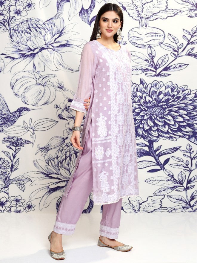 Vishudh Women Violet Embroidered Kurta With Trouser And Dupatta - Violet - Image 6