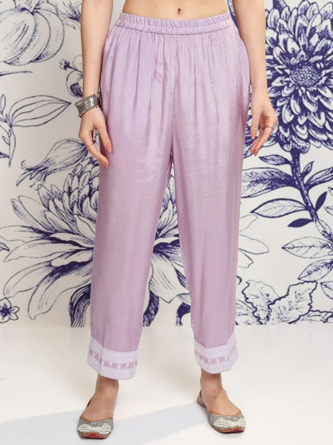 Vishudh Women Violet Embroidered Kurta With Trouser And Dupatta - Violet - Image 8
