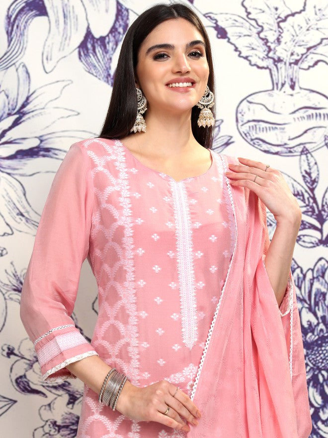 Vishudh Women Pink Embroidered Kurta With Trouser And Dupatta - Pink - Image 1