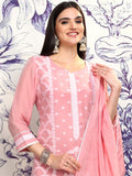 Vishudh Women Pink Embroidered Kurta With Trouser And Dupatta - Pink - Image 1