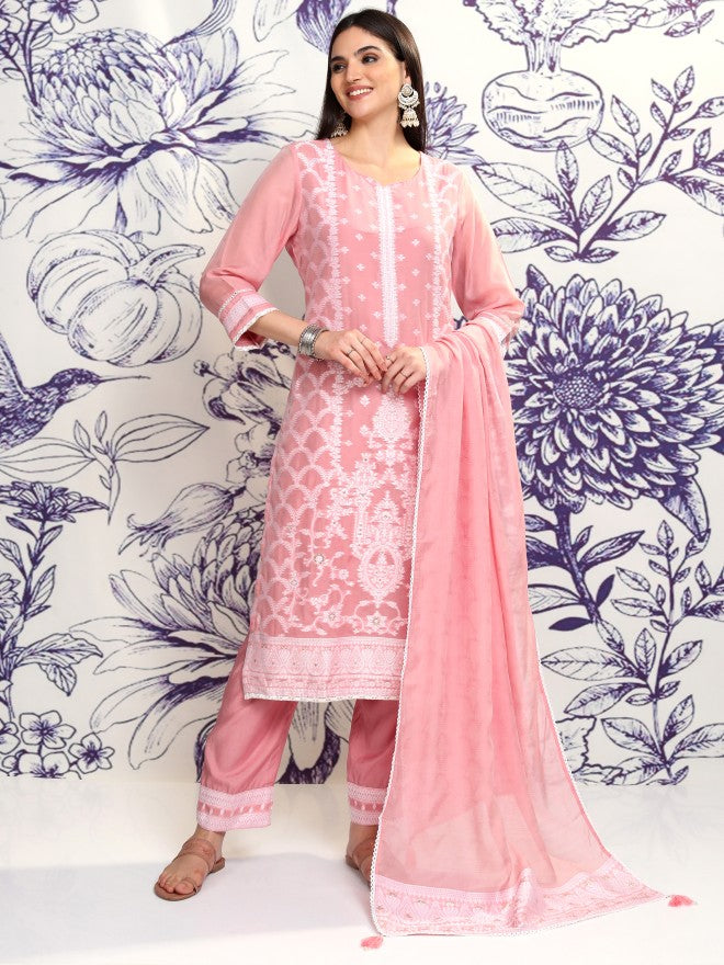 Vishudh Women Pink Embroidered Kurta With Trouser And Dupatta - Pink - Image 2