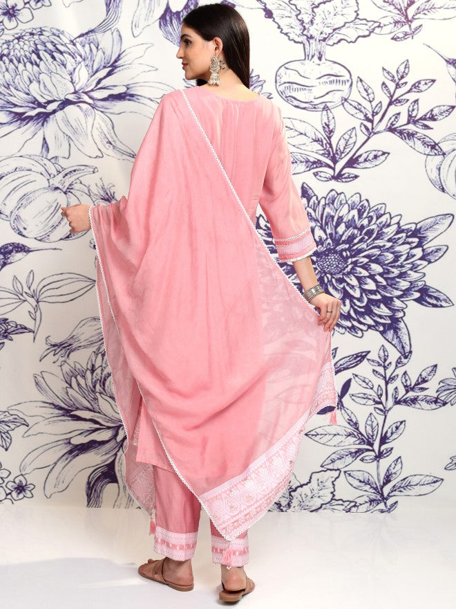 Vishudh Women Pink Embroidered Kurta With Trouser And Dupatta - Pink - Image 3