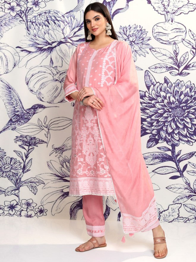 Vishudh Women Pink Embroidered Kurta With Trouser And Dupatta - Pink - Image 4