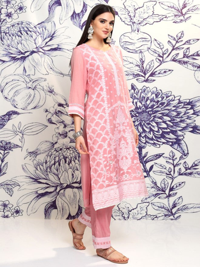 Vishudh Women Pink Embroidered Kurta With Trouser And Dupatta - Pink - Image 6