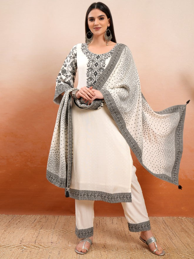 Vishudh Women Cream Embroidered Kurta With Trouser And Dupatta - Cream - Image 2