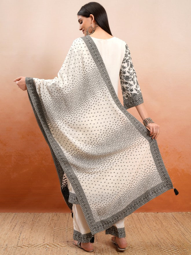 Vishudh Women Cream Embroidered Kurta With Trouser And Dupatta - Cream - Image 3