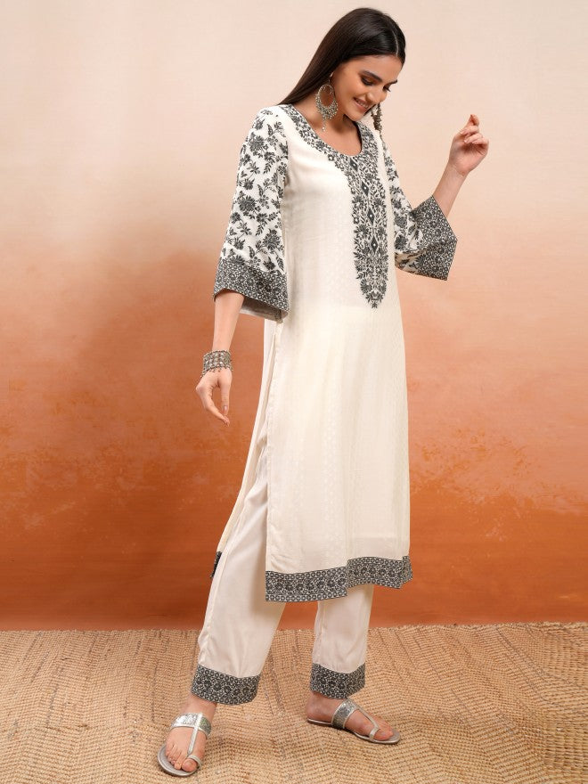 Vishudh Women Cream Embroidered Kurta With Trouser And Dupatta - Cream - Image 6