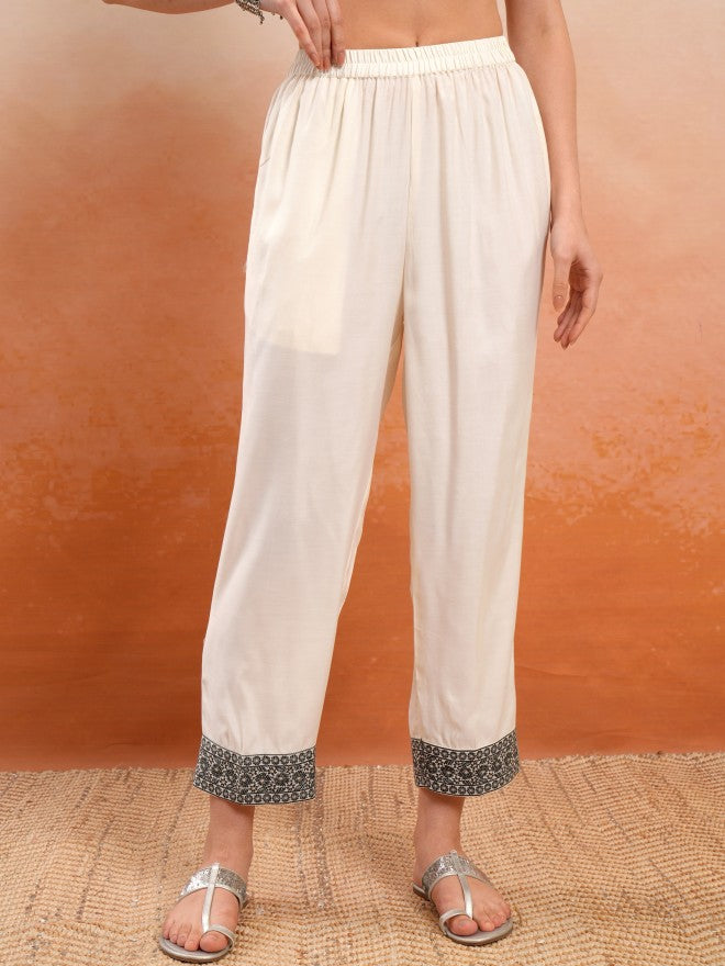 Vishudh Women Cream Embroidered Kurta With Trouser And Dupatta - Cream - Image 7