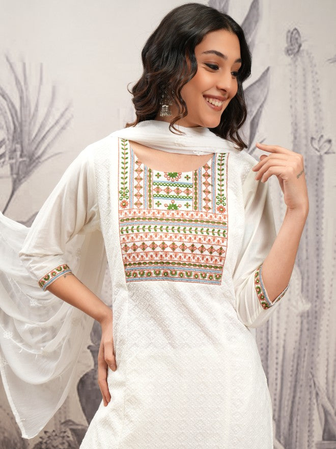 Vishudh Women White Embroidered Kurta With Trouser And Dupatta - White - Image 1