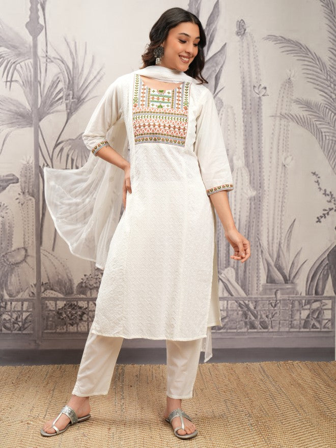 Vishudh Women White Embroidered Kurta With Trouser And Dupatta - White - Image 2