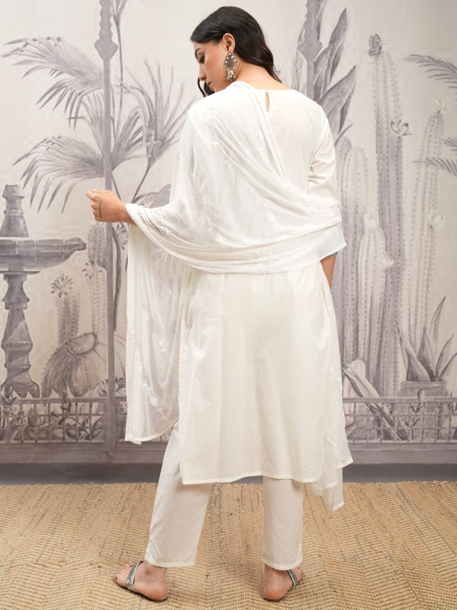 Vishudh Women White Embroidered Kurta With Trouser And Dupatta - White - Image 3