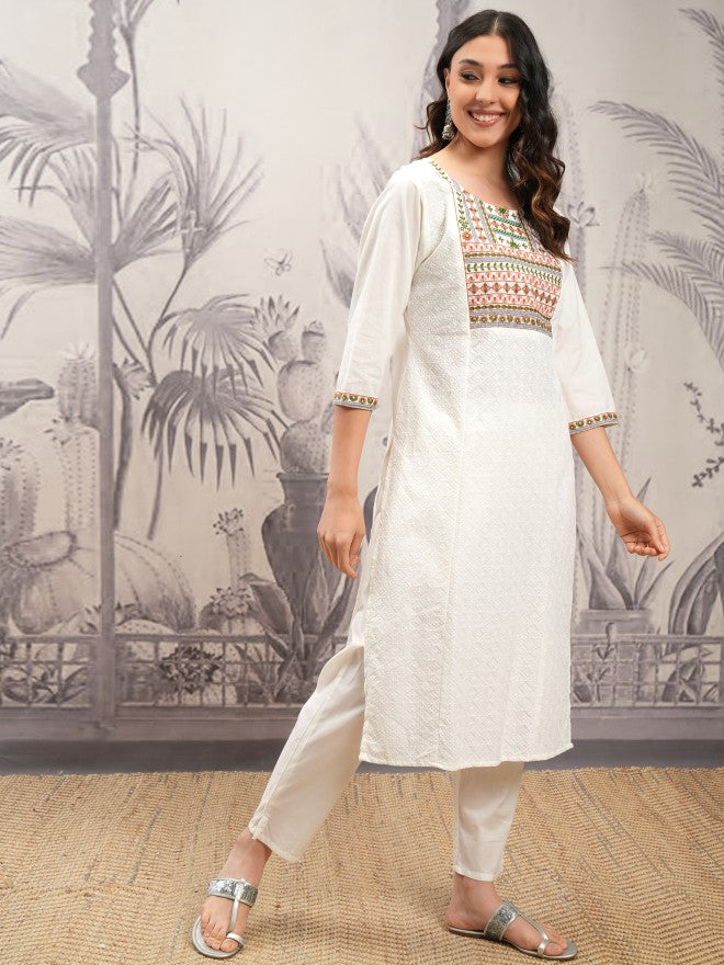 Vishudh Women White Embroidered Kurta With Trouser And Dupatta - White - Image 6