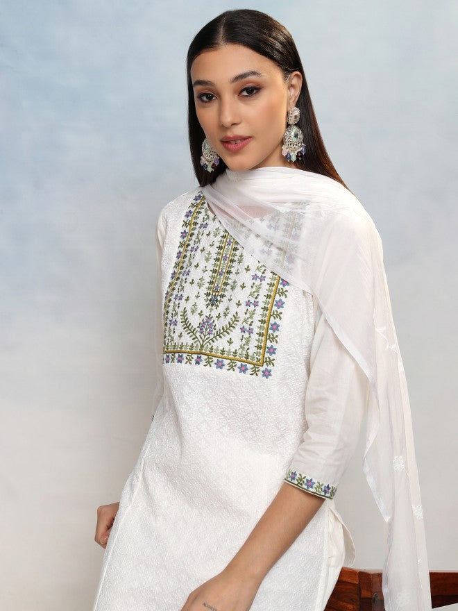 Vishudh Women White Embroidered Kurta With Trouser And Dupatta - White - Image 1