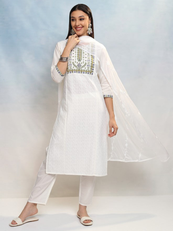 Vishudh Women White Embroidered Kurta With Trouser And Dupatta - White - Image 2