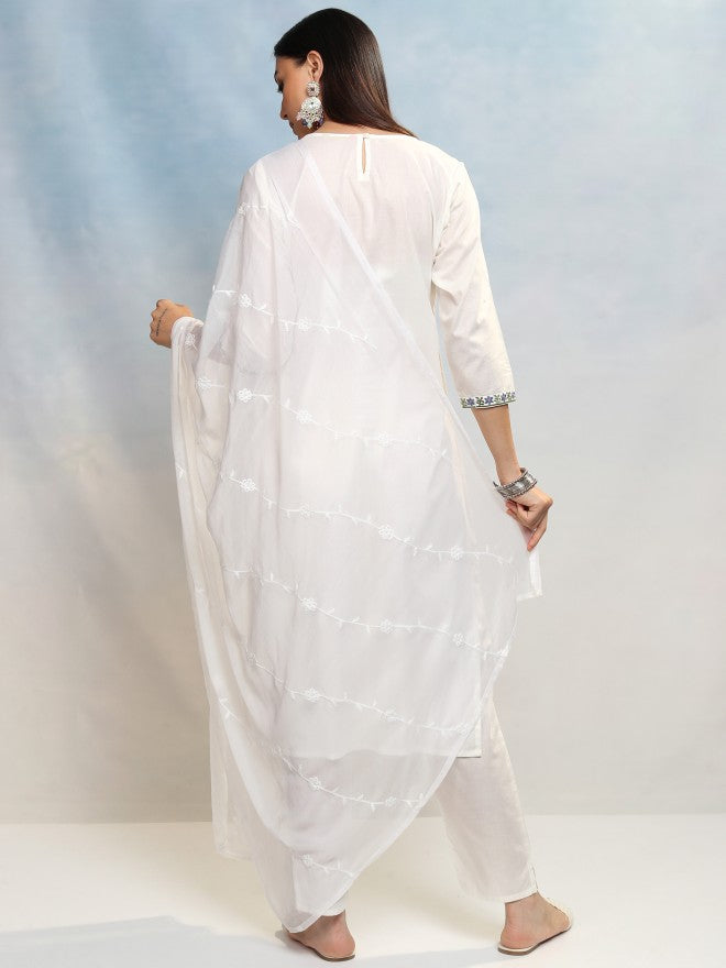 Vishudh Women White Embroidered Kurta With Trouser And Dupatta - White - Image 3