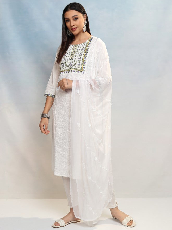 Vishudh Women White Embroidered Kurta With Trouser And Dupatta - White - Image 4