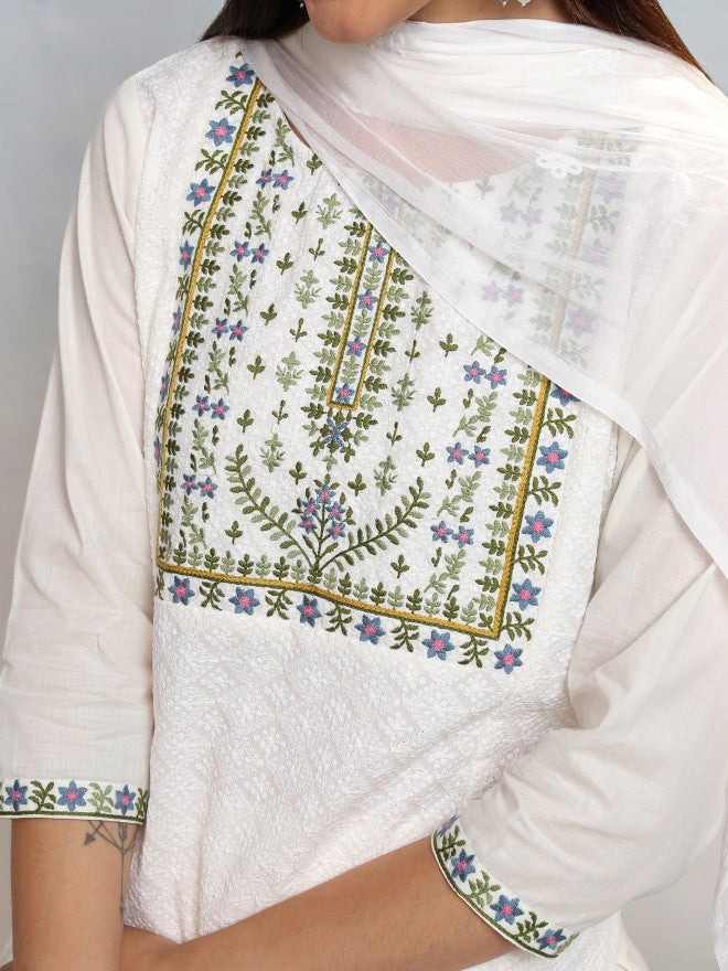 Vishudh Women White Embroidered Kurta With Trouser And Dupatta - White - Image 5