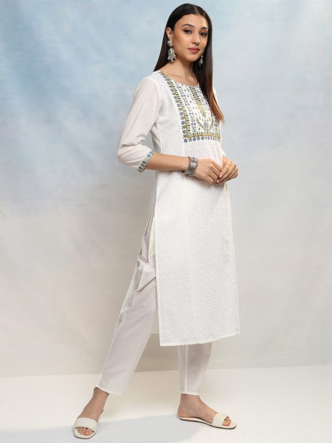 Vishudh Women White Embroidered Kurta With Trouser And Dupatta - White - Image 6