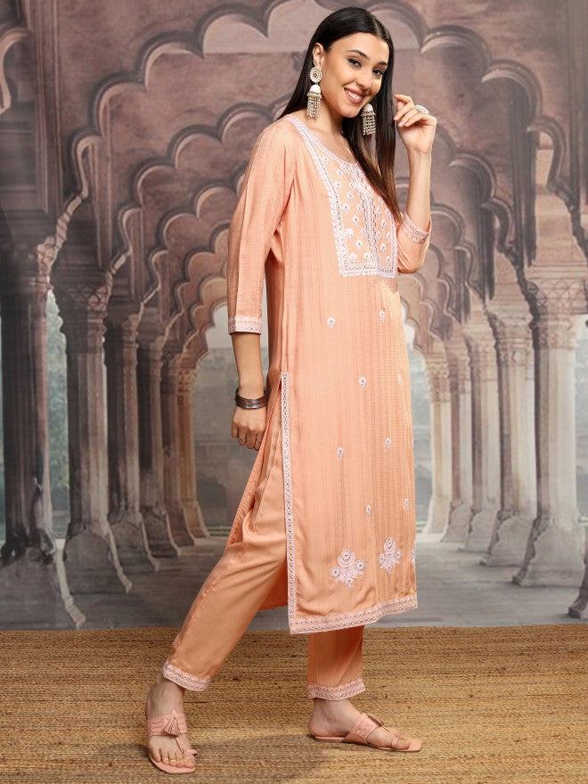 Vishudh Women Orange Embroidered Kurta With Trousers - Orange - Image 6