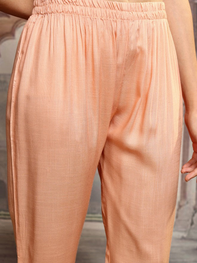 Vishudh Women Orange Embroidered Kurta With Trousers - Orange - Image 7