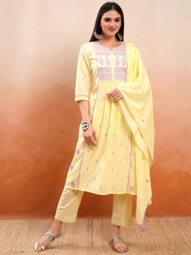Vishudh Women Yellow Embroidered Kurta With Trouser And Dupatta - Yellow - Image 1