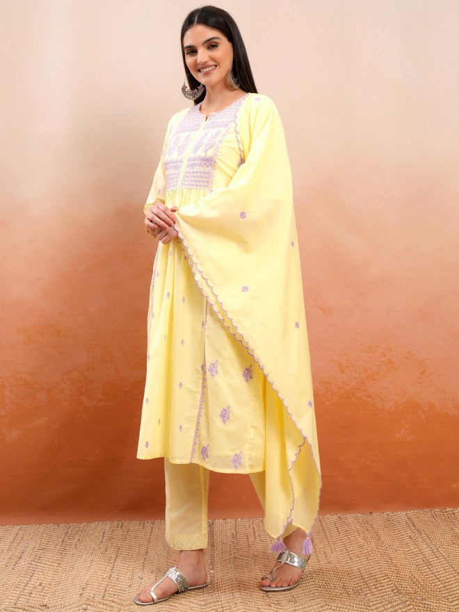 Vishudh Women Yellow Embroidered Kurta With Trouser And Dupatta - Yellow - Image 2
