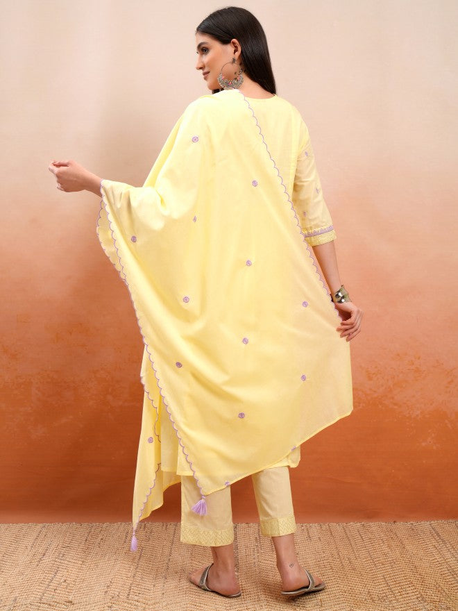 Vishudh Women Yellow Embroidered Kurta With Trouser And Dupatta - Yellow - Image 3
