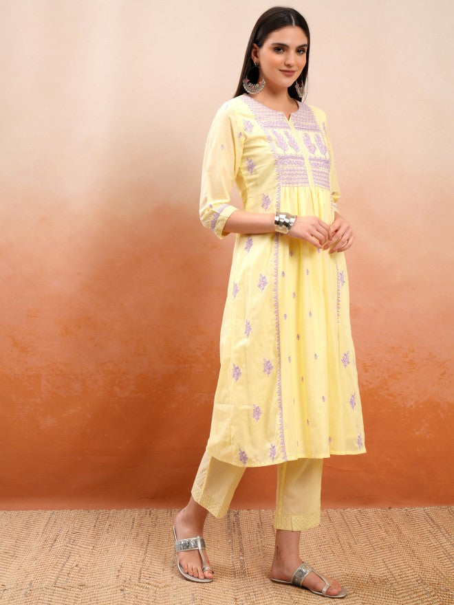 Vishudh Women Yellow Embroidered Kurta With Trouser And Dupatta - Yellow - Image 4