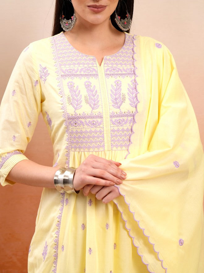 Vishudh Women Yellow Embroidered Kurta With Trouser And Dupatta - Yellow - Image 5