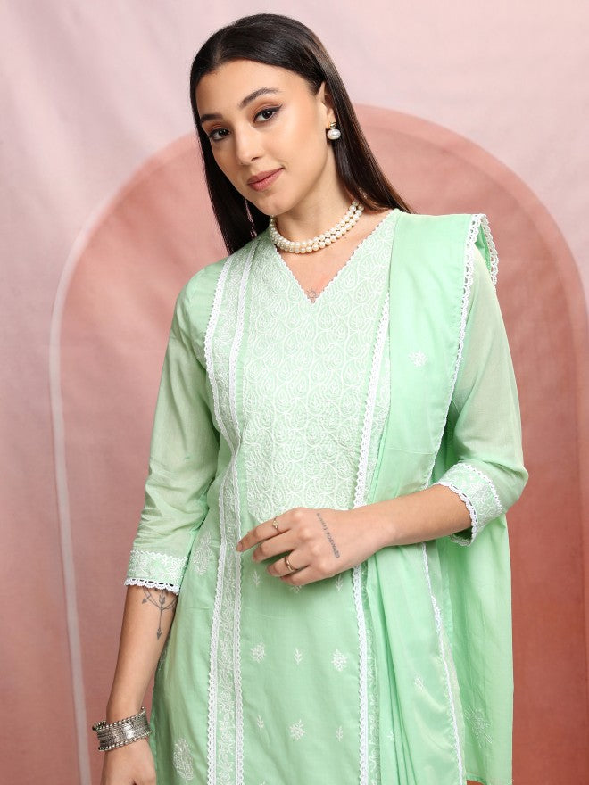 Vishudh Women Green Embroidered Kurta With Trouser And Dupatta - Green - Image 1