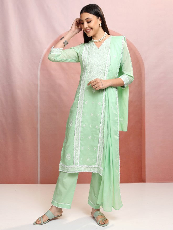 Vishudh Women Green Embroidered Kurta With Trouser And Dupatta - Green - Image 2