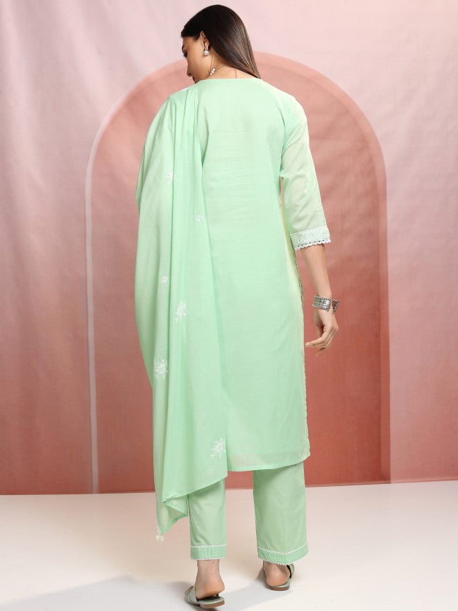 Vishudh Women Green Embroidered Kurta With Trouser And Dupatta - Green - Image 3