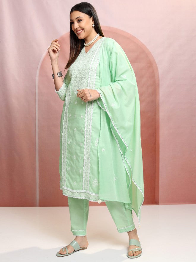 Vishudh Women Green Embroidered Kurta With Trouser And Dupatta - Green - Image 4