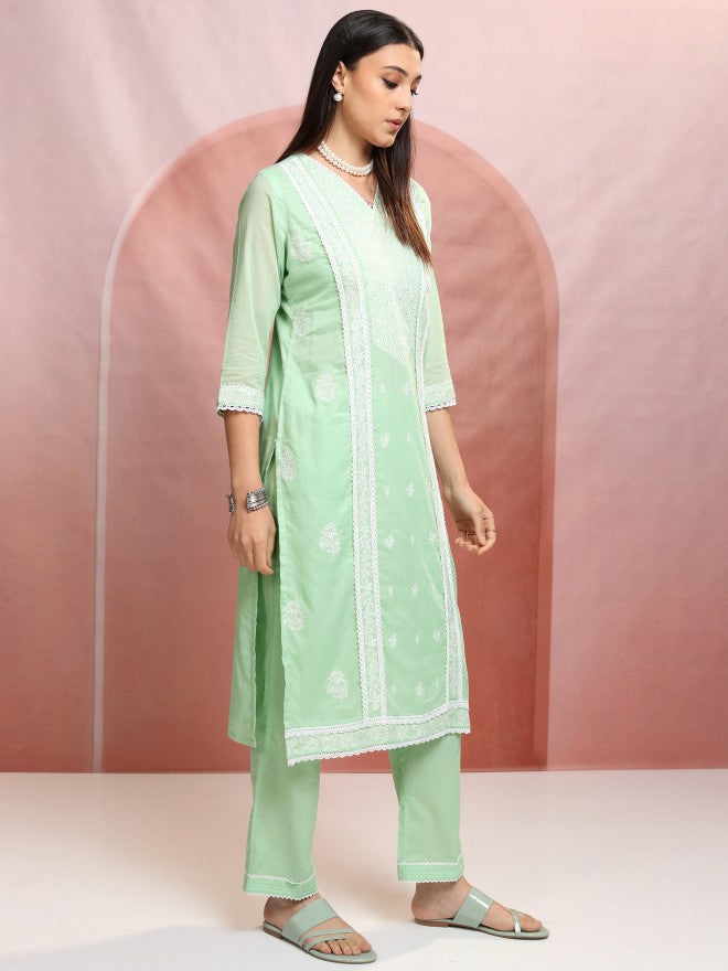 Vishudh Women Green Embroidered Kurta With Trouser And Dupatta - Green - Image 6