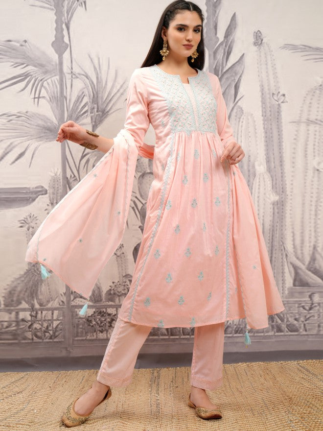 Vishudh Women Peach Embroidered Kurta With Trouser And Dupatta - Peach - Image 2