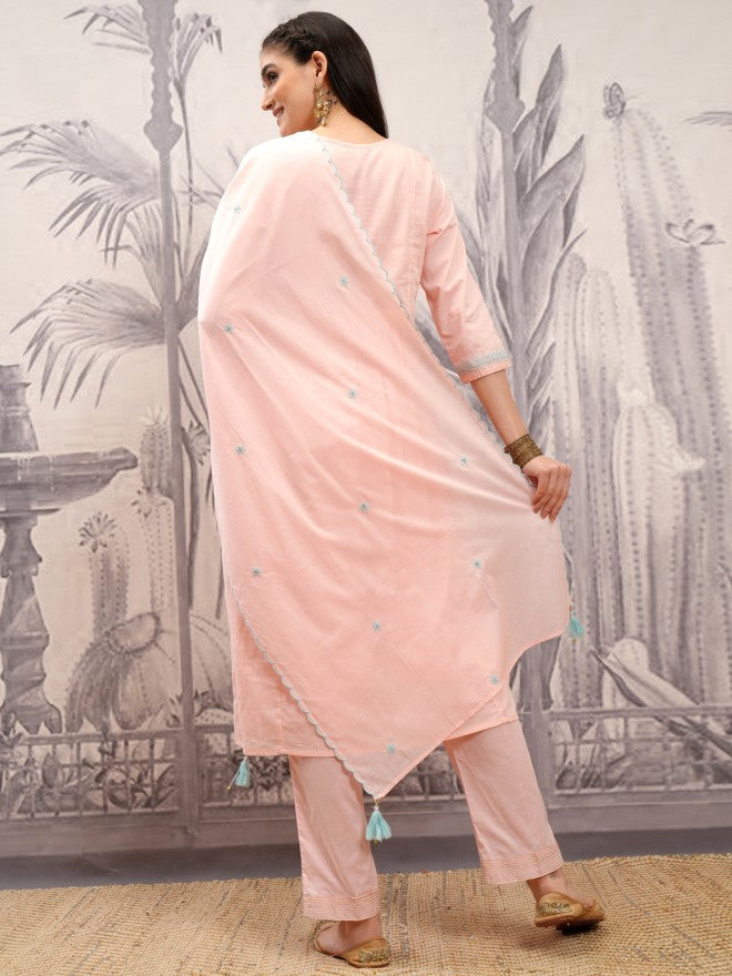 Vishudh Women Peach Embroidered Kurta With Trouser And Dupatta - Peach - Image 3