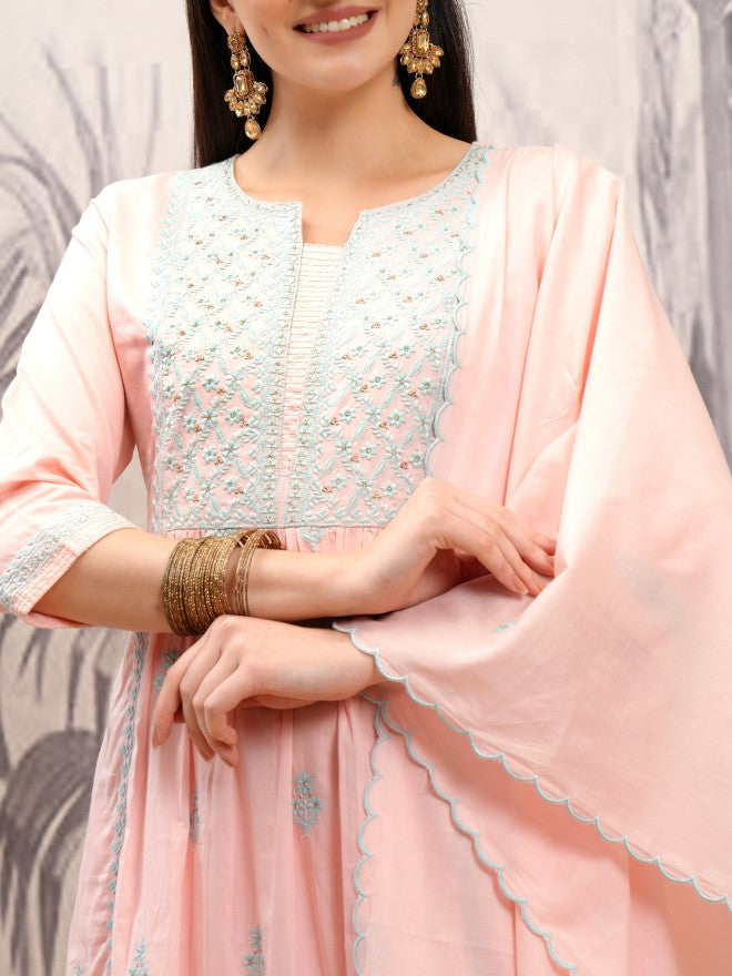 Vishudh Women Peach Embroidered Kurta With Trouser And Dupatta - Peach - Image 5