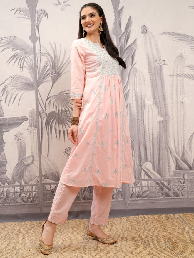 Vishudh Women Peach Embroidered Kurta With Trouser And Dupatta - Peach - Image 6