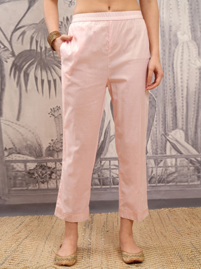 Vishudh Women Peach Embroidered Kurta With Trouser And Dupatta - Peach - Image 7
