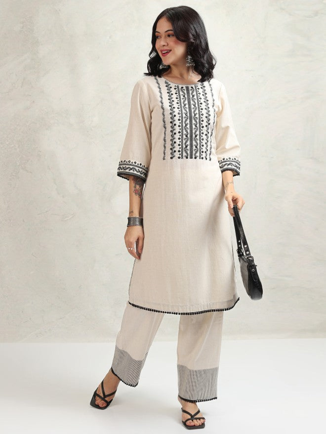 Vishudh Women White Embroidered Kurta With Trouser - White - Image 1