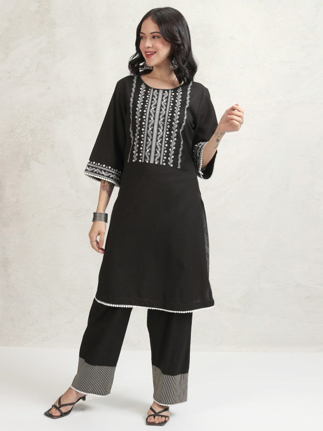 Vishudh Women Black Embroidered Kurta With Trouser - Black - Image 4