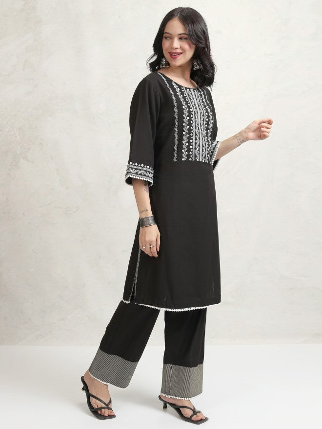 Vishudh Women Black Embroidered Kurta With Trouser - Black - Image 6