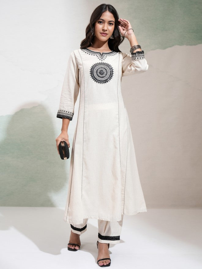 Vishudh Women Off White Embroidered Kurta With Palazzo - Off White - Image 2