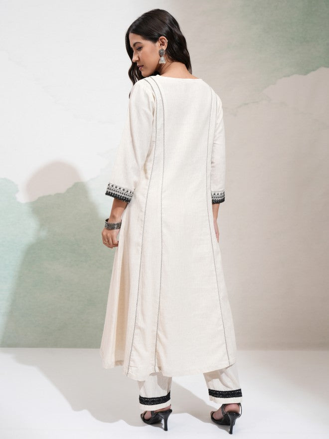 Vishudh Women Off White Embroidered Kurta With Palazzo - Off White - Image 3